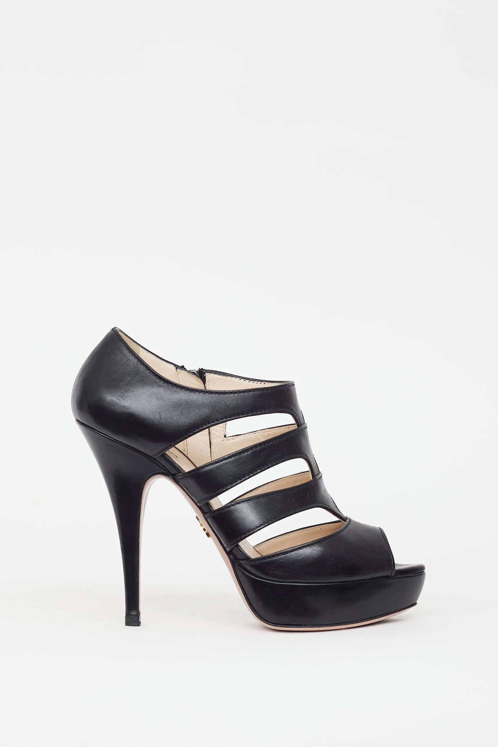 Black Leather Cage Strap Heel