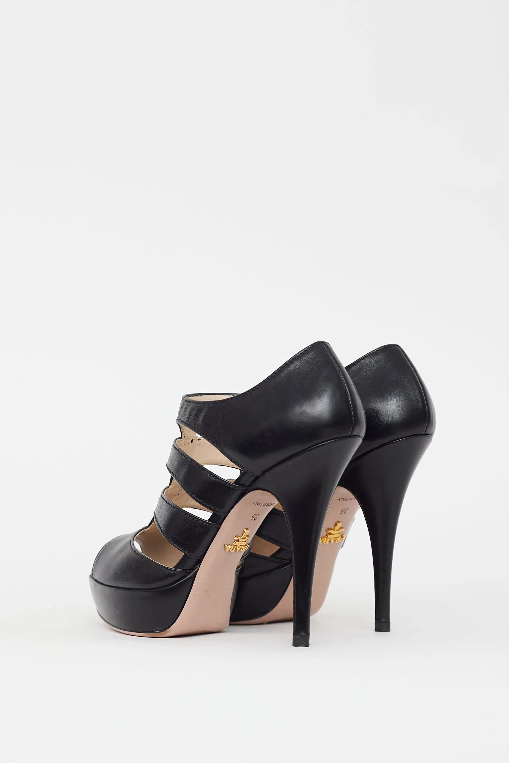 Black Leather Cage Strap Heel