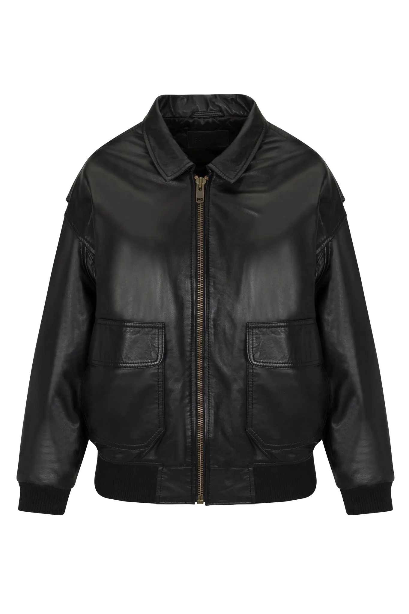 Black Leather Cropped Aviator Bomber