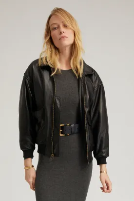 Black Leather Cropped Aviator Bomber