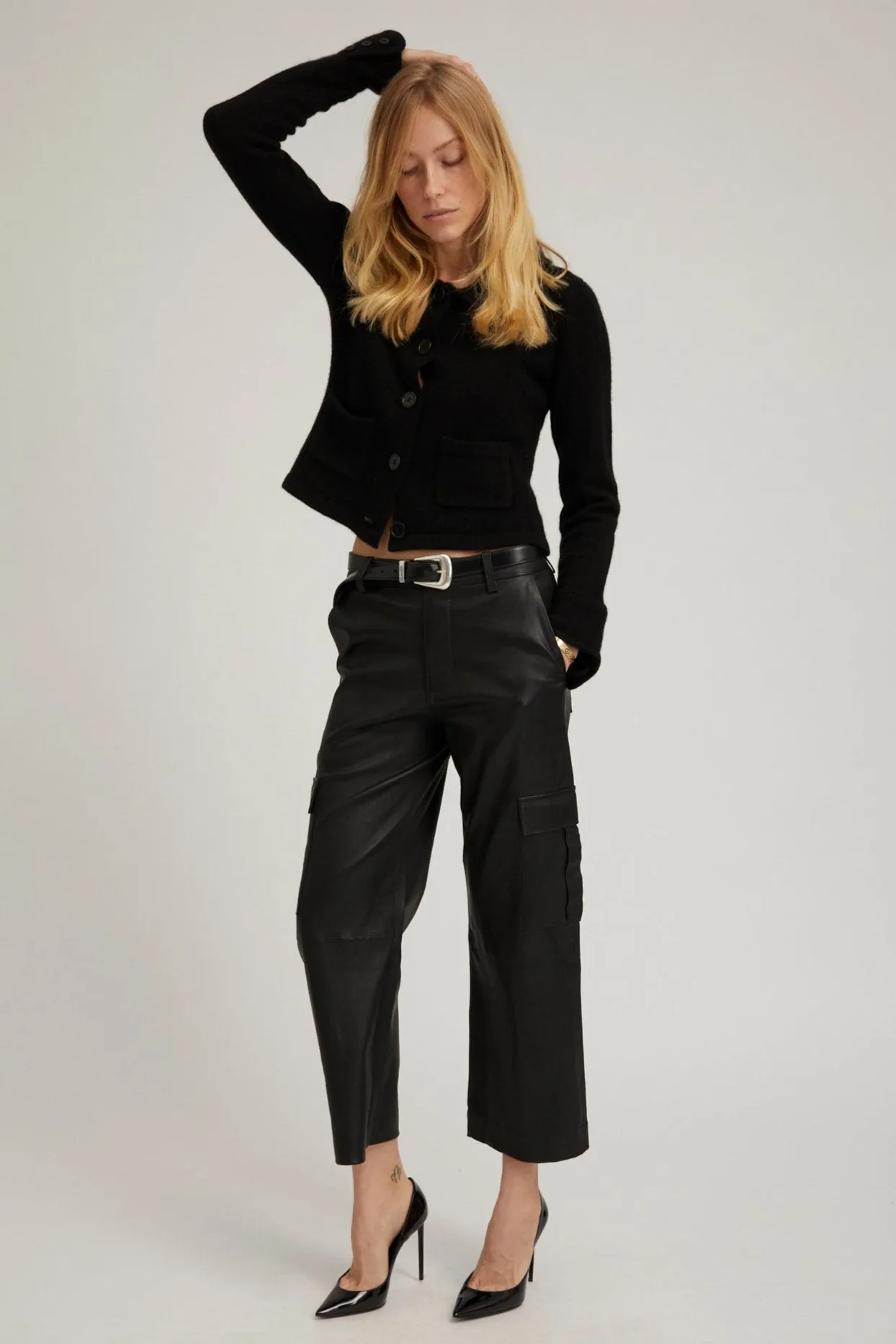 Black Leather Cropped Cargo Trousers