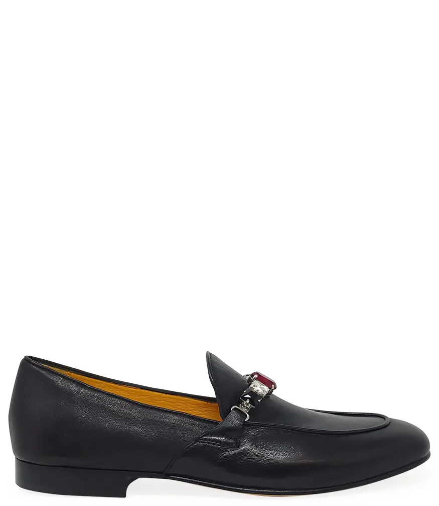 Black Leather Jeweled Loafer