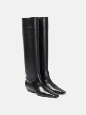 Black leather knee-high square-toe boots