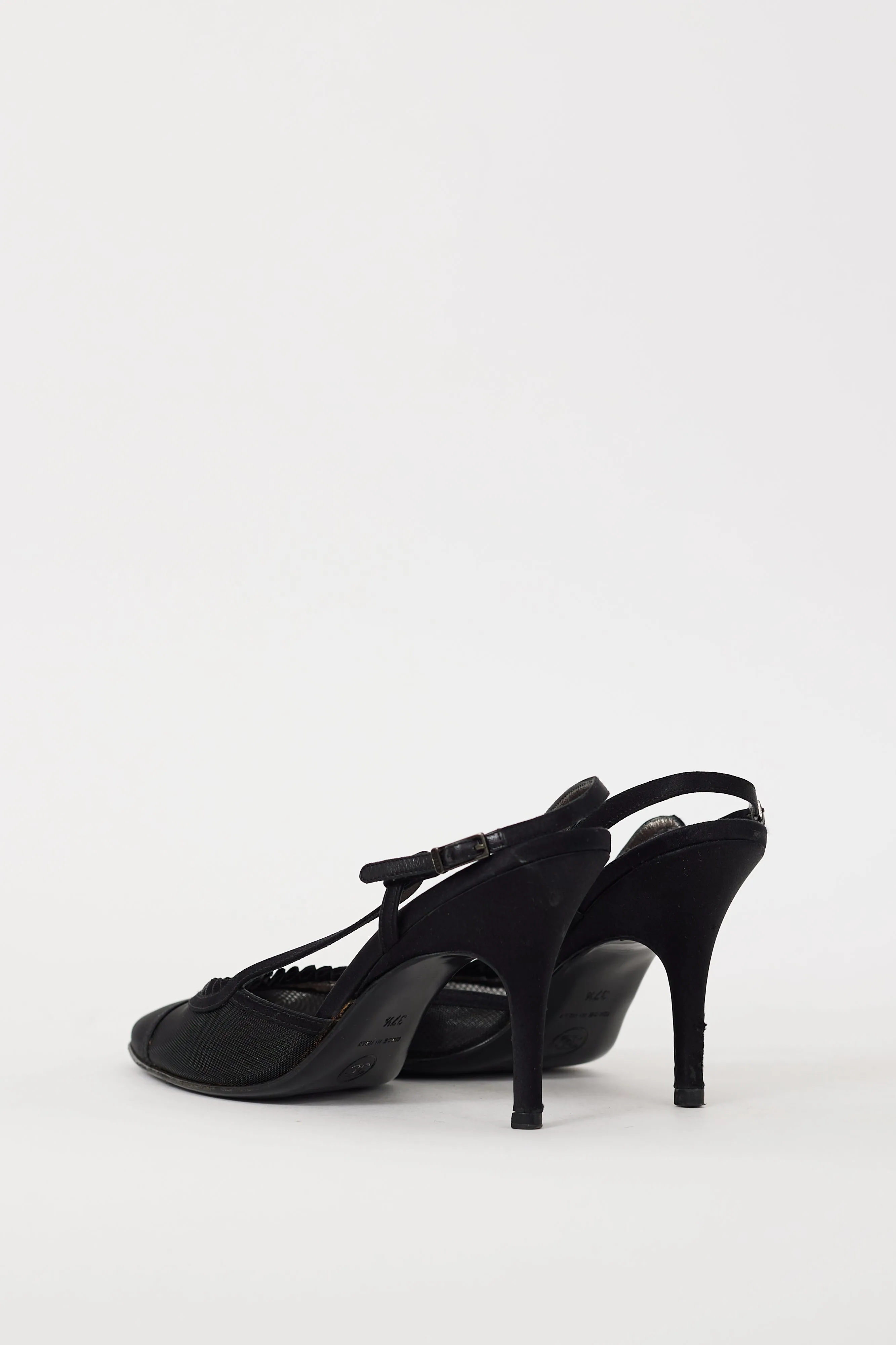 Black Mesh Ruffled Logo Heel