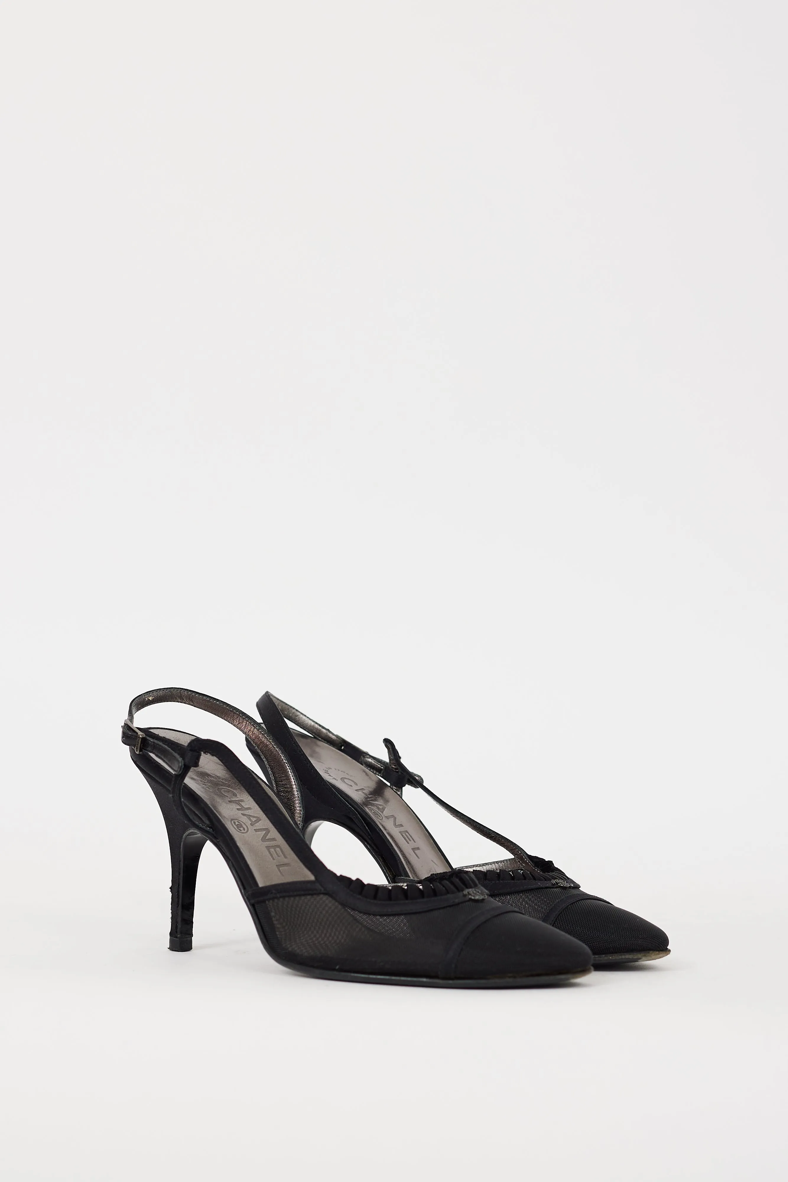 Black Mesh Ruffled Logo Heel