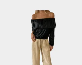 Black Metallic Off the Shoulder Ruffle Crop Top - The St. Barth