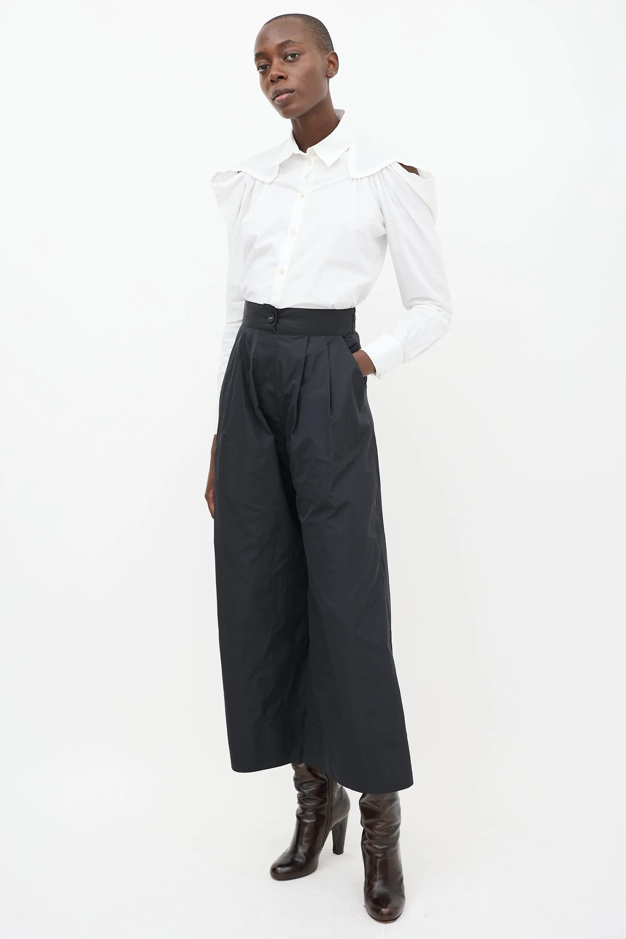 Black Nylon Wide Leg Trousers