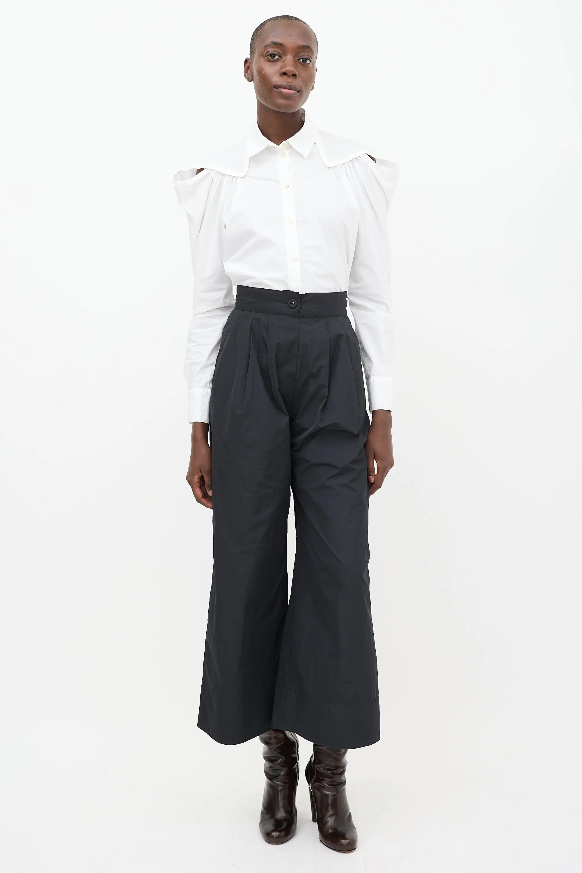 Black Nylon Wide Leg Trousers