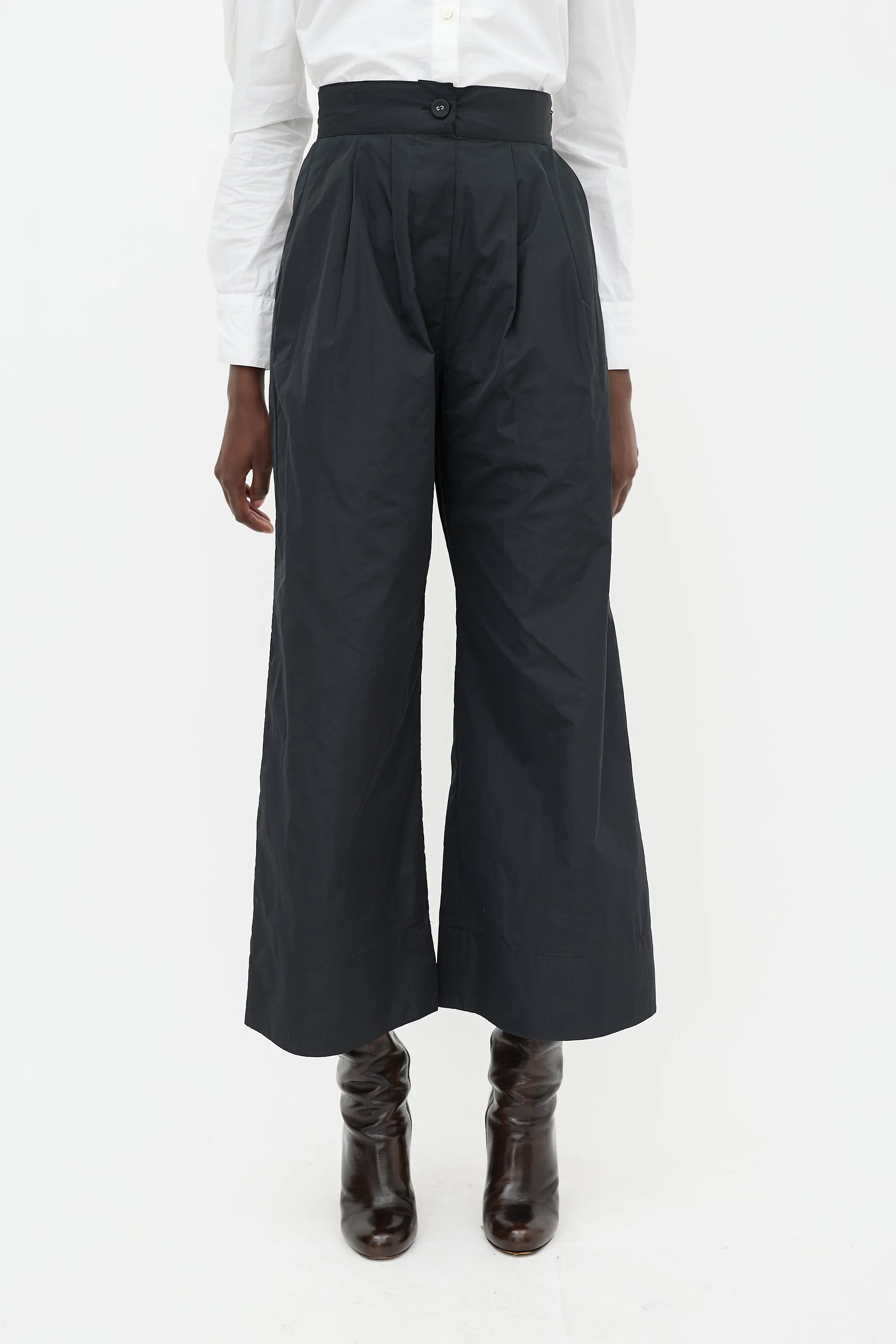 Black Nylon Wide Leg Trousers