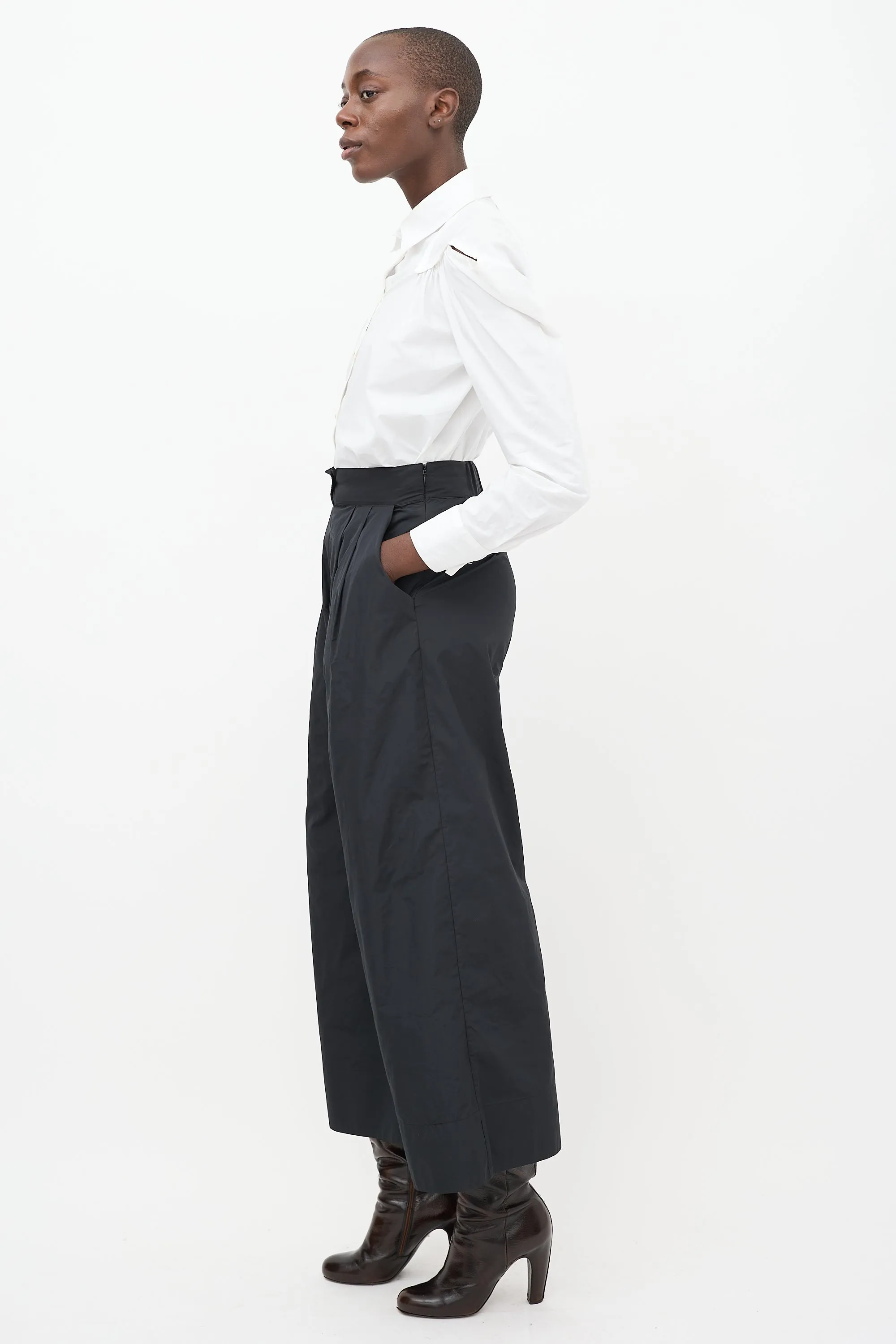 Black Nylon Wide Leg Trousers