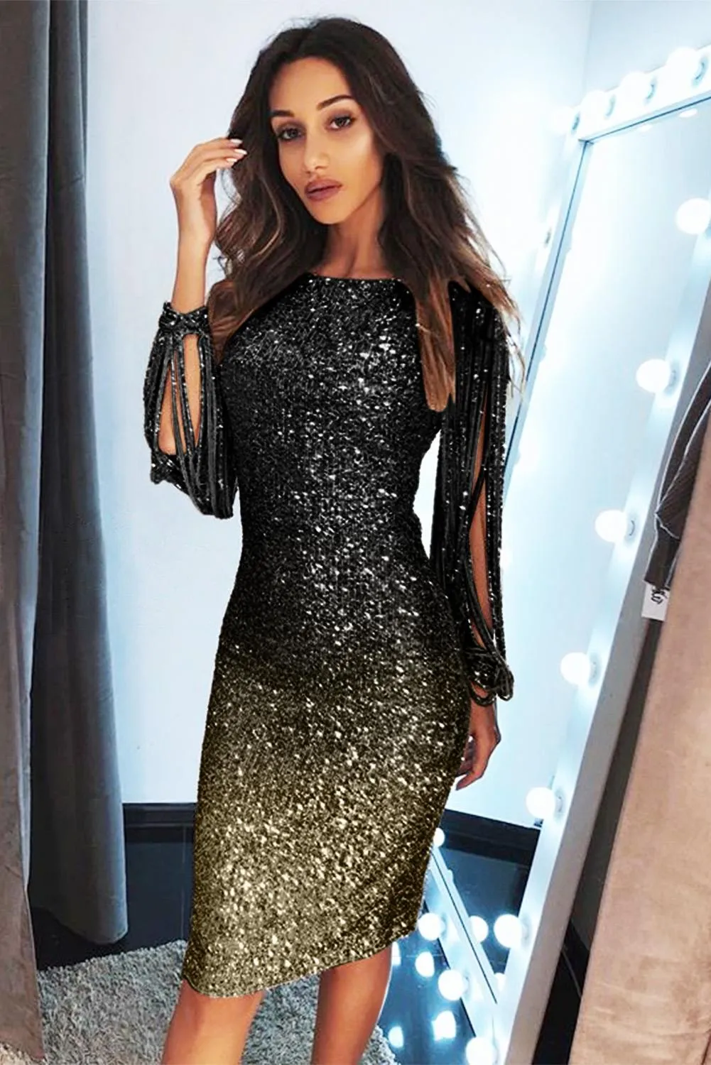 Black Ombre Sequin Tassel Sleeve Midi Evening Dress