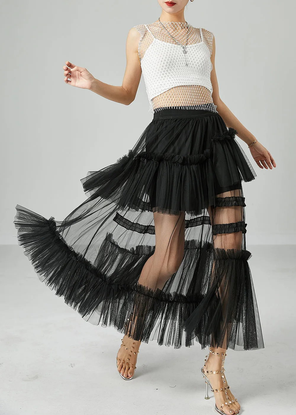 Black Patchwork Tulle A Line Skirts Wrinkled Exra Large Hem Summer LY2418