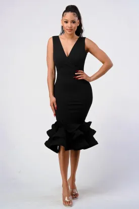 Black Plunging 3-tier Ruffle-hem Dress