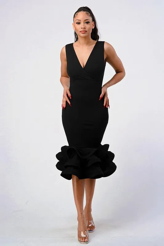 Black Plunging 3-tier Ruffle-hem Dress