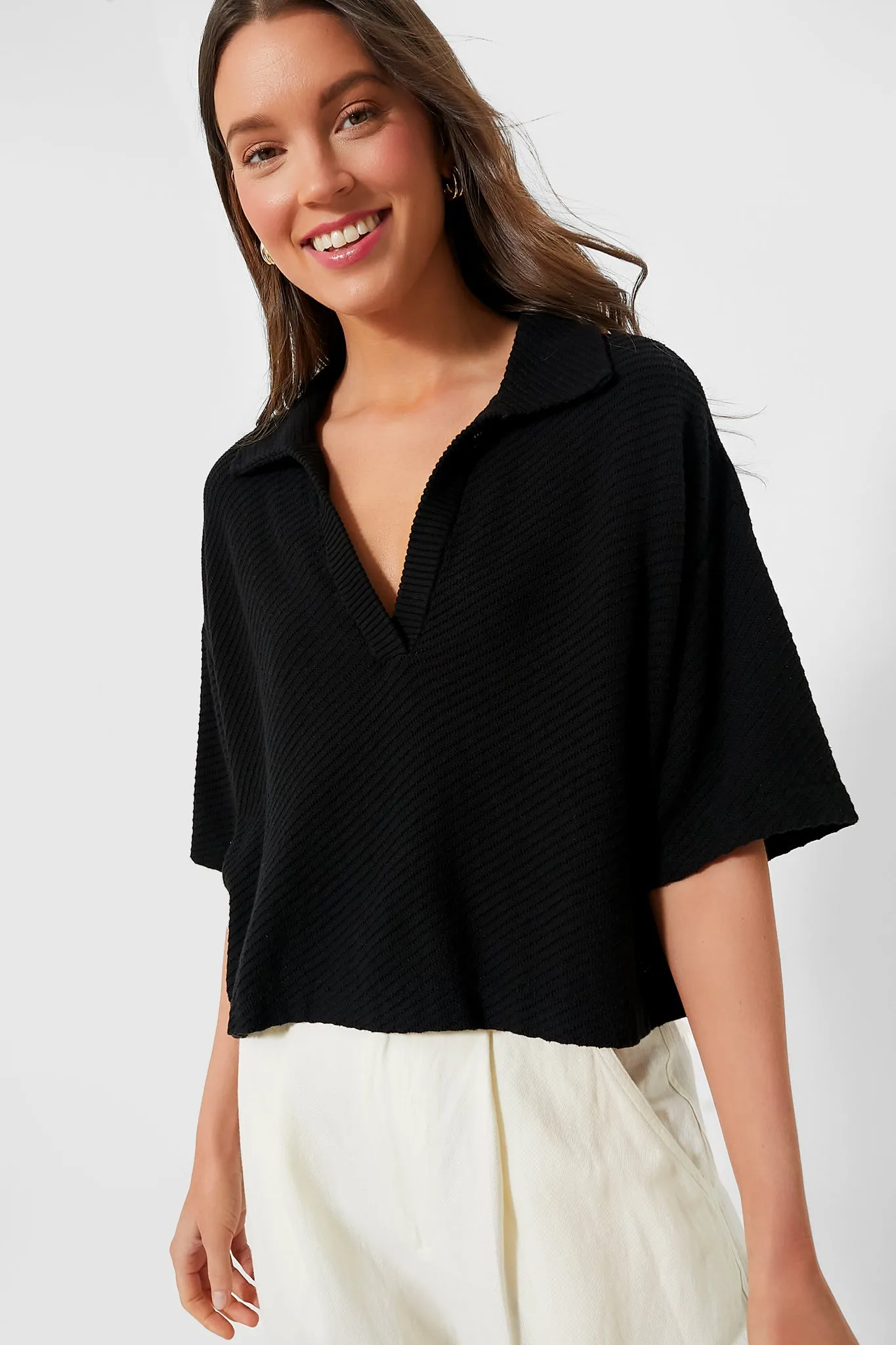 Black Pointelle Knit Gia Polo