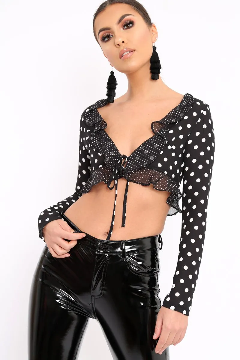 Black Polka Dot Tie Front Frill Top - Adanya