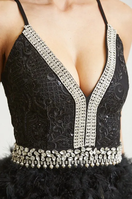 Black Rhinestone Pearl Trim Feather Dress