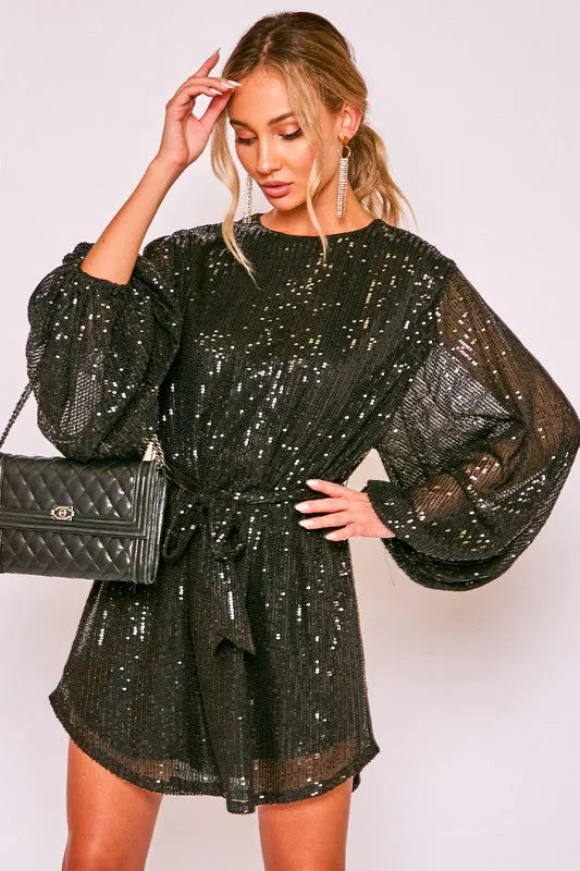 Black Round Neck Balloon Sleeve Sequin Dress