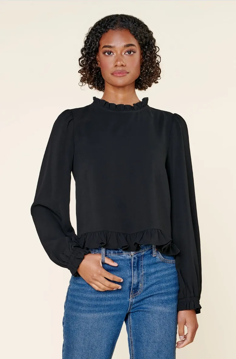 Black Ruffle Long Sleeve Blouse