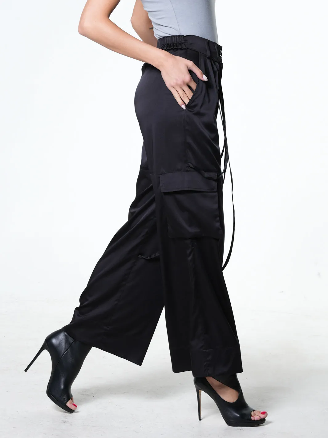 Black Satin Cargo Pants