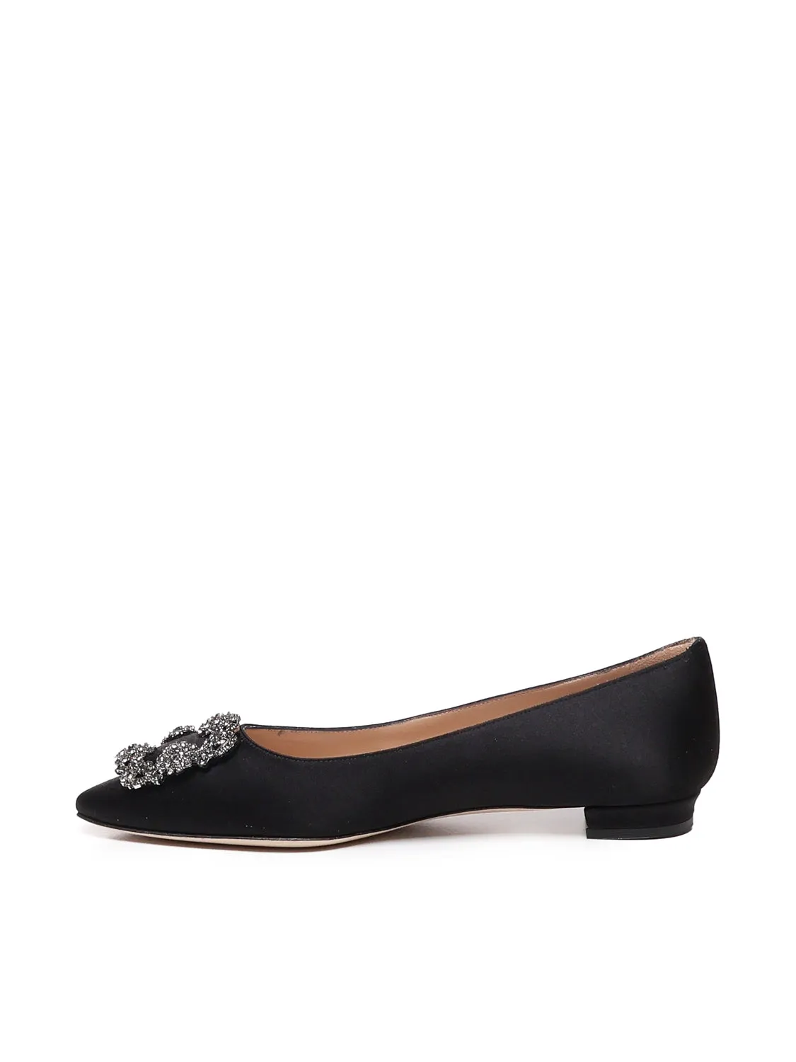 Black Satin Flat Pumps with Buckle