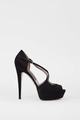 Black Satin Strappy Peep Toe Heel