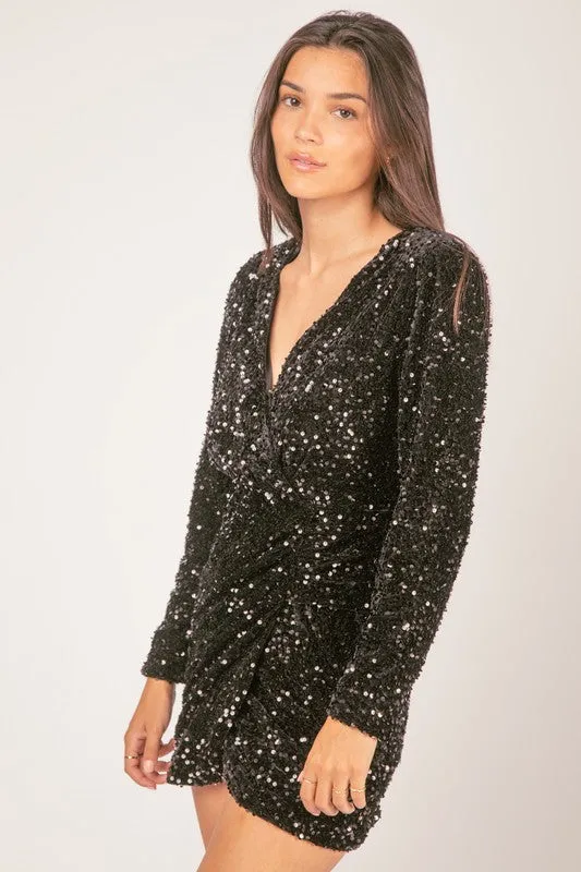 Black Sequin Glitter Holiday Party Wrap Mini Dress