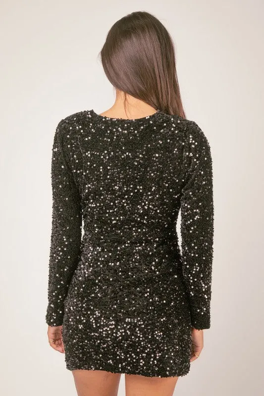 Black Sequin Glitter Holiday Party Wrap Mini Dress