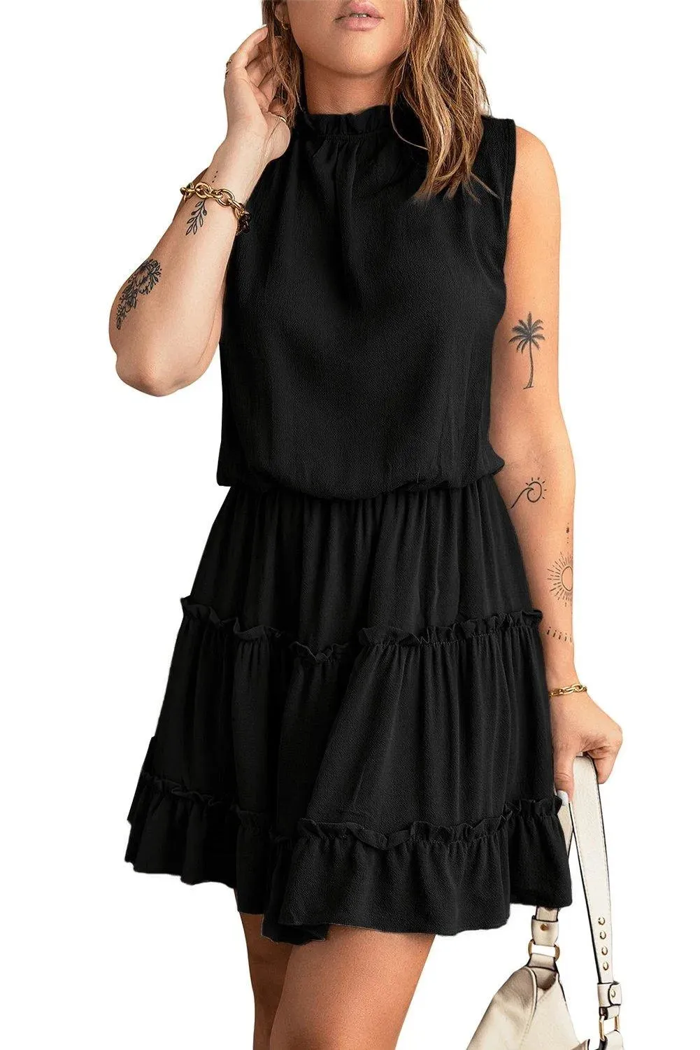 Black Sleeveless V Neck Ruffled Swing Mini Dress