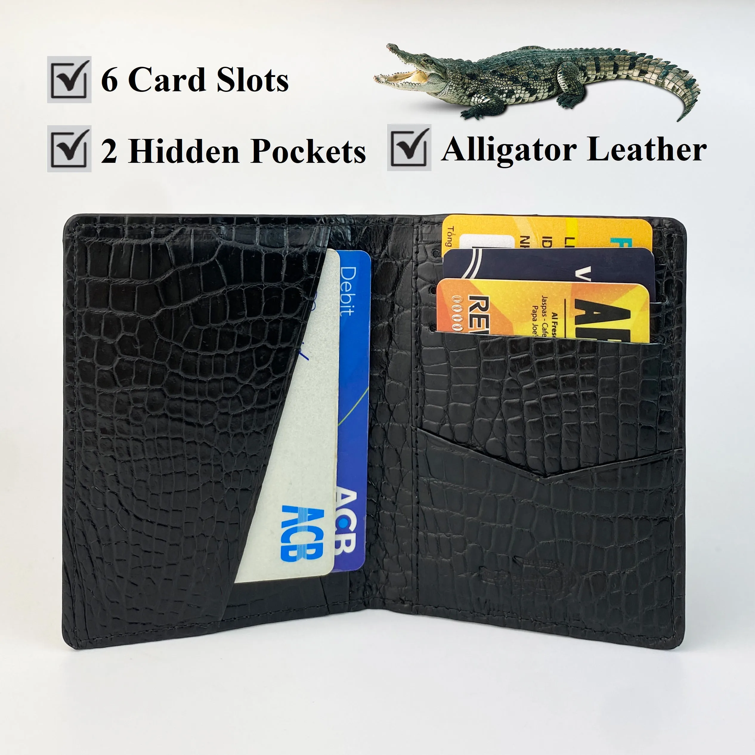 Black Slim Alligator Leather Credit Card Holder Double Side Crocodile Skin RFID Blocking | VINAM-84