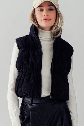 Black Stand Collar Cropped Corduroy Puffer Vest