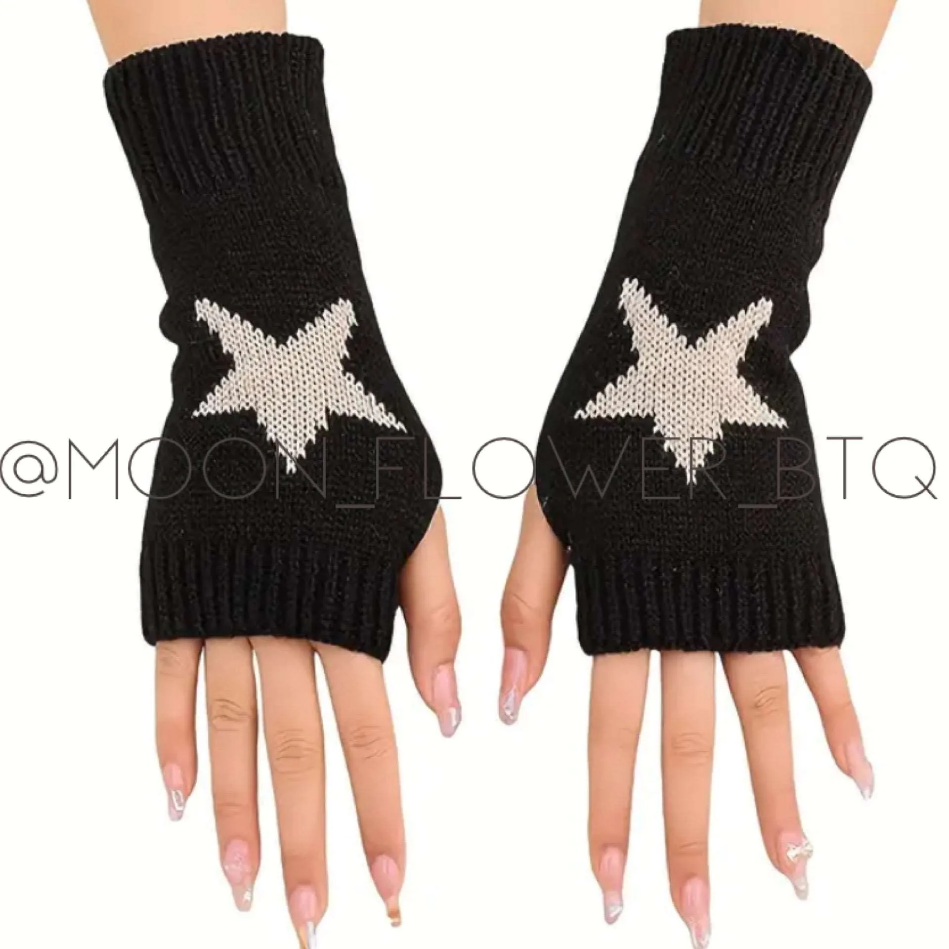 Black Star Knit Fingerless Winter Gloves