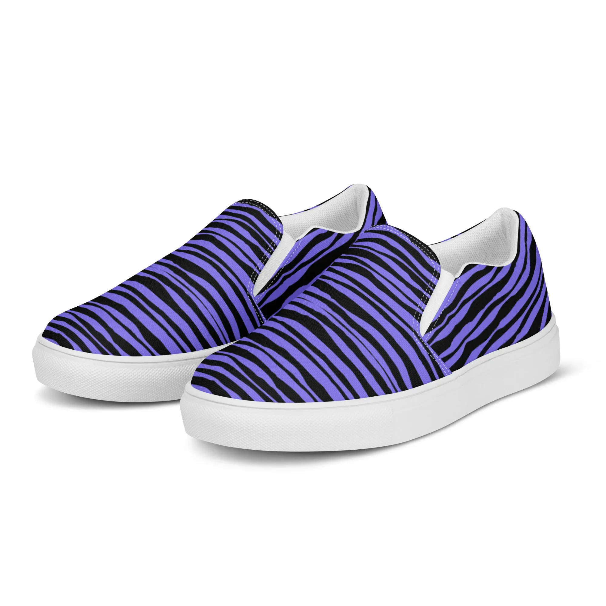 Black Striped Women's Slip On, Black Purple Striped Print Women’s Slip-On Canvas Shoes (US Size: 5-12)