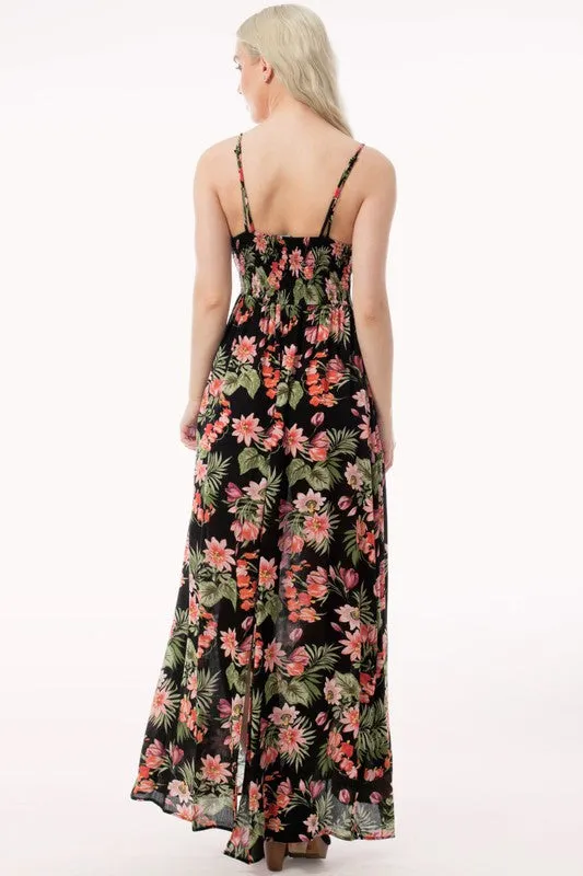 Black Tropical Print V-Neck Smocked Back Maxi Sundress