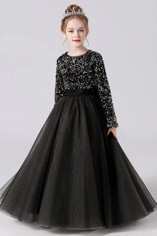 Black Tulle Long Sleeve Floor Length Flower Girl Dresses With Sequins