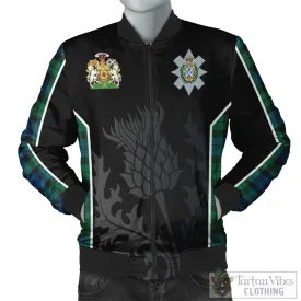 Black Watch Ancient Tartan Bomber Jacket with Family Crest and Scottish Thistle Vibes Sport Style