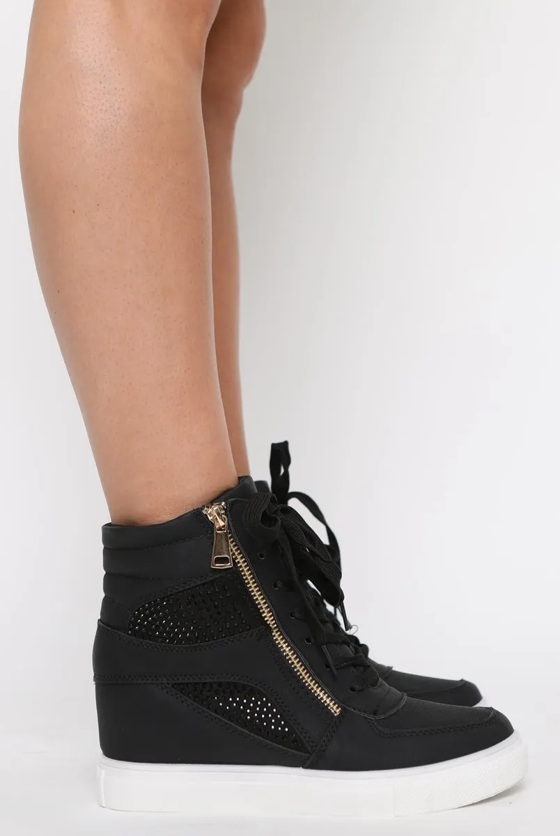 Black Wedged Diamante Trainers - Adriana