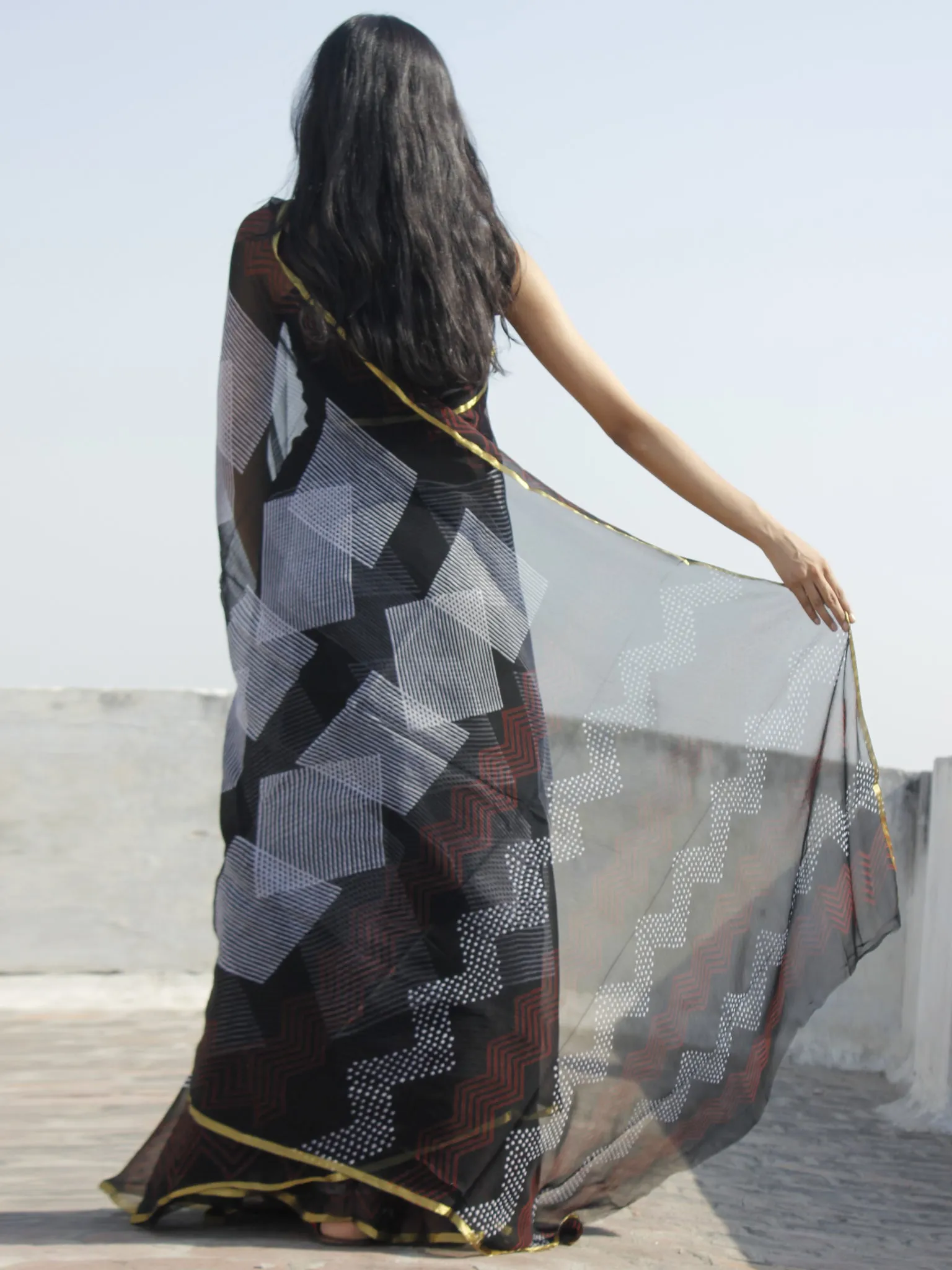 Black White Maroon Hand Block Printed Chiffon Saree - S031702320