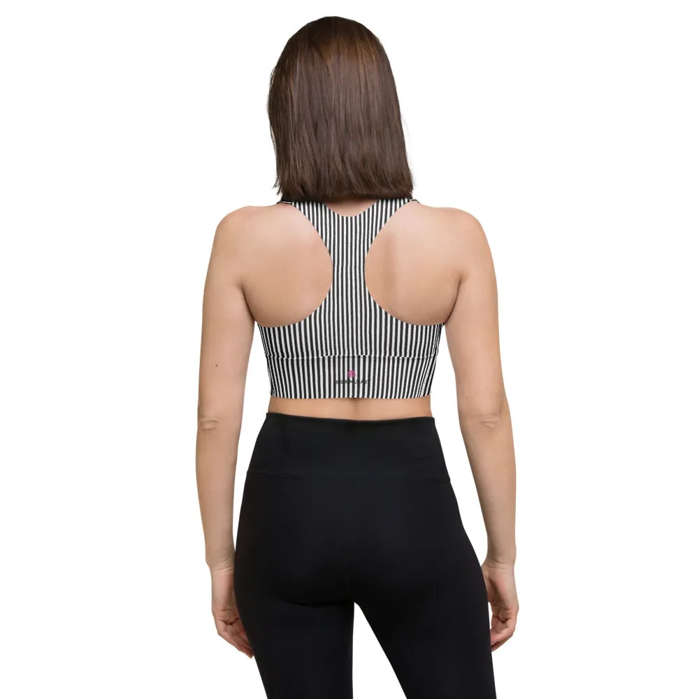 Black White Striped Sports Bra, Best Vertical Stripes Longline Sports Bra For Ladies-Made in USA/EU/MX