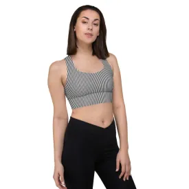 Black White Striped Sports Bra, Best Vertical Stripes Longline Sports Bra For Ladies-Made in USA/EU/MX