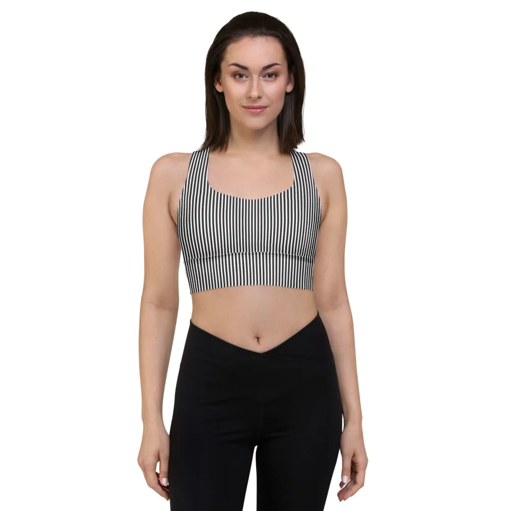 Black White Striped Sports Bra, Best Vertical Stripes Longline Sports Bra For Ladies-Made in USA/EU/MX