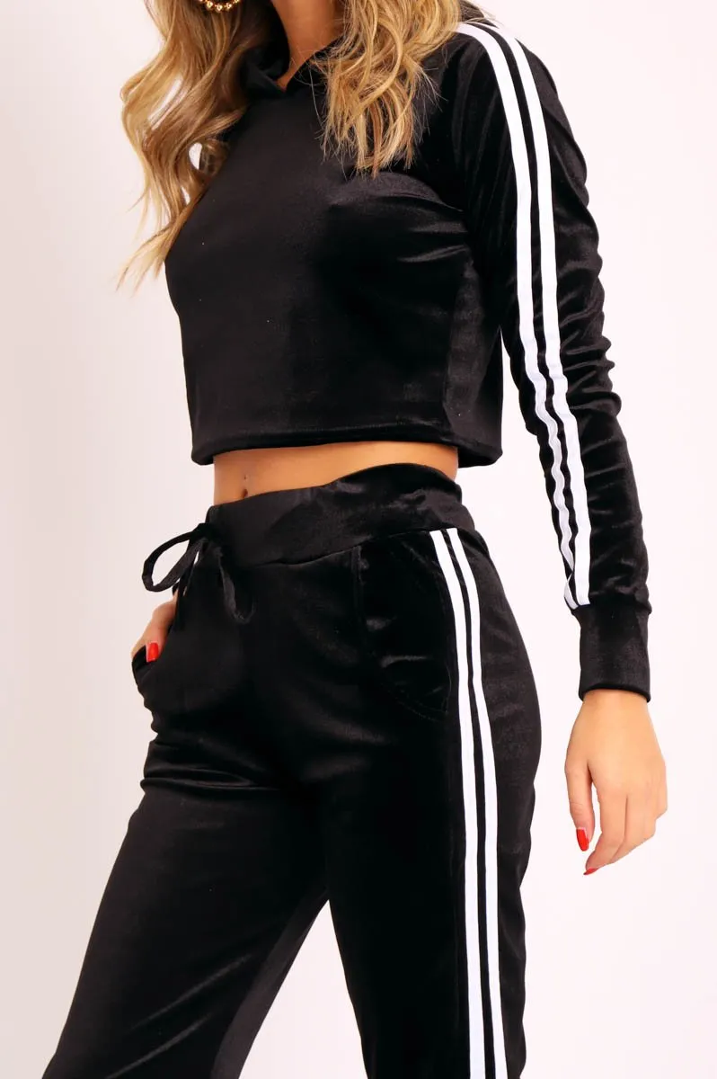 Black White Stripes Velvet Hoodie and Joggers Co-ord - Matie