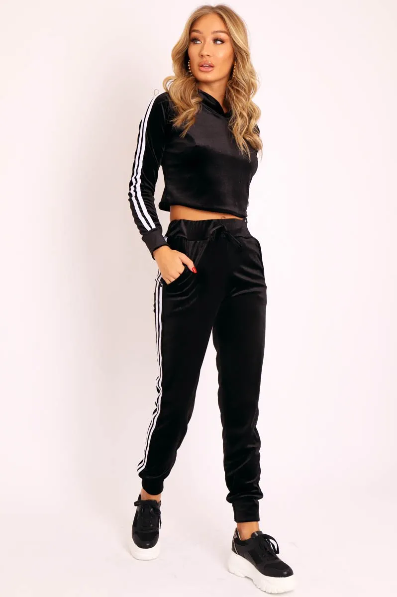 Black White Stripes Velvet Hoodie and Joggers Co-ord - Matie