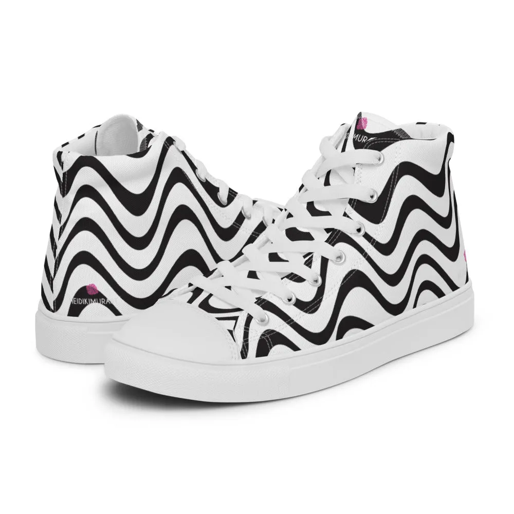 Black White Waves Men's Sneakers, Waves Abstract High Top Premium Tennis Shoes For Men