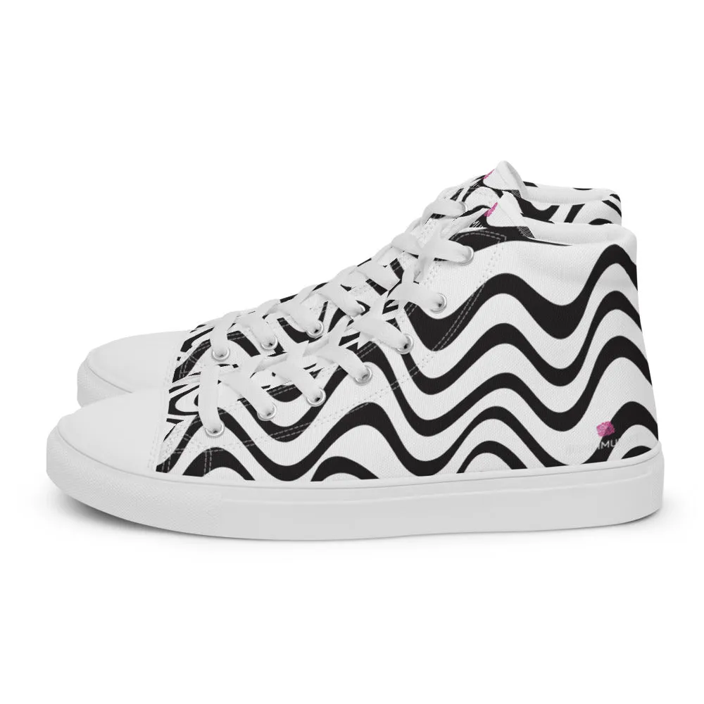 Black White Waves Men's Sneakers, Waves Abstract High Top Premium Tennis Shoes For Men