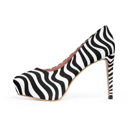 Black White Wavy Women's Heels, Modern Patterned Women's Platform Heels (US Size: 5-11)