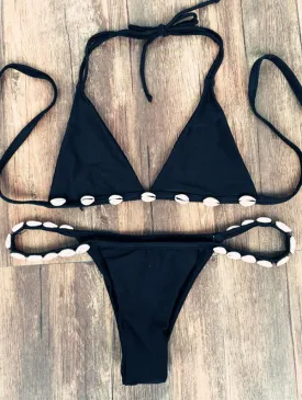 Black With Shell Halter Bikini Set