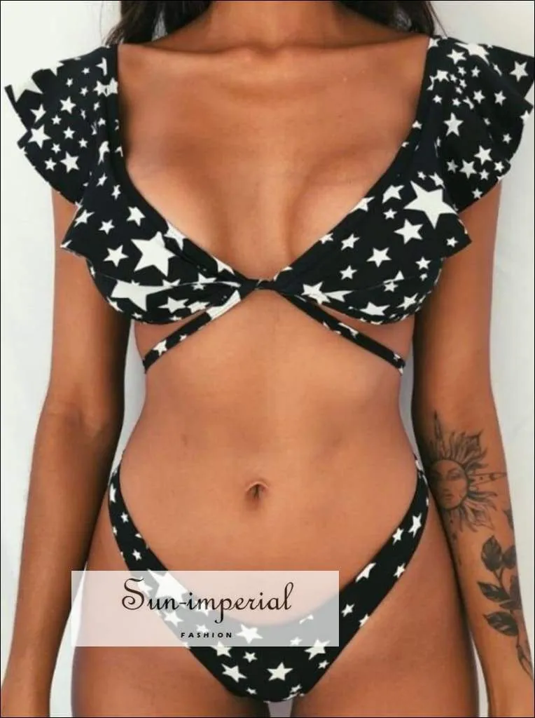 Black with White  Stars Print Vintage Boho Bikini Set With Ruffle Detail