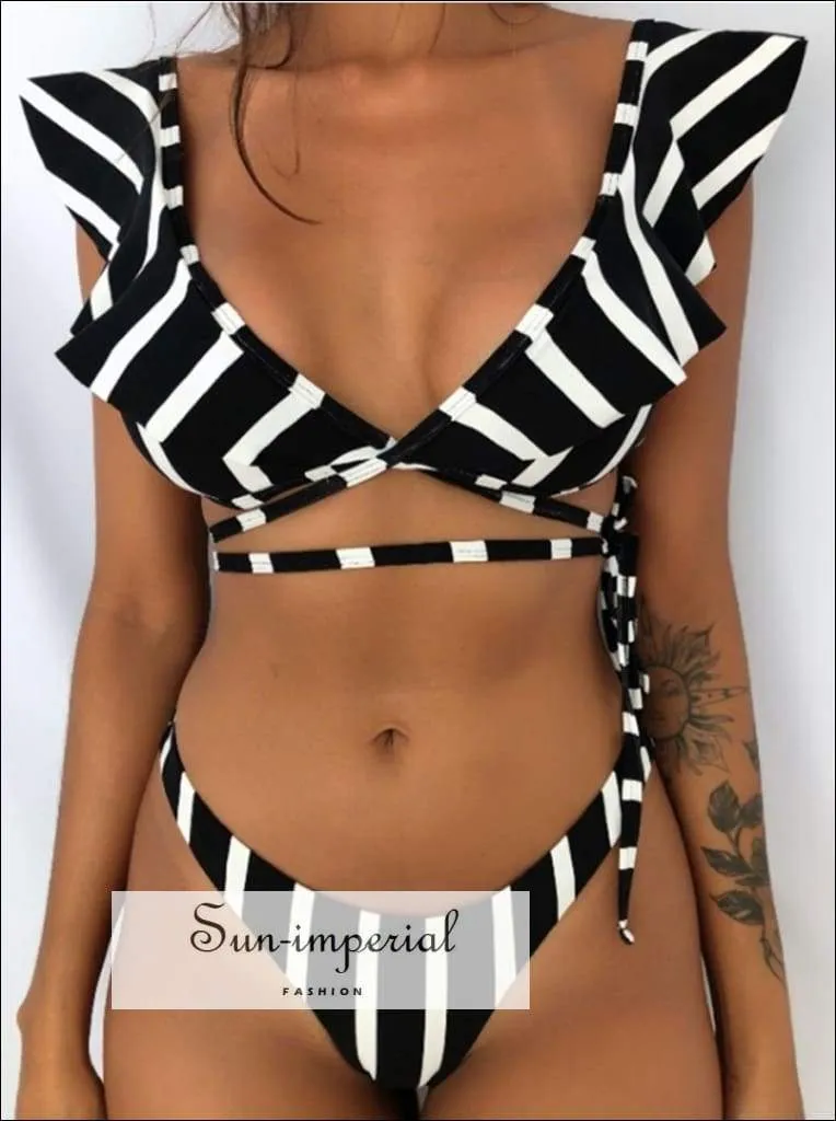 Black with White  Stars Print Vintage Boho Bikini Set With Ruffle Detail