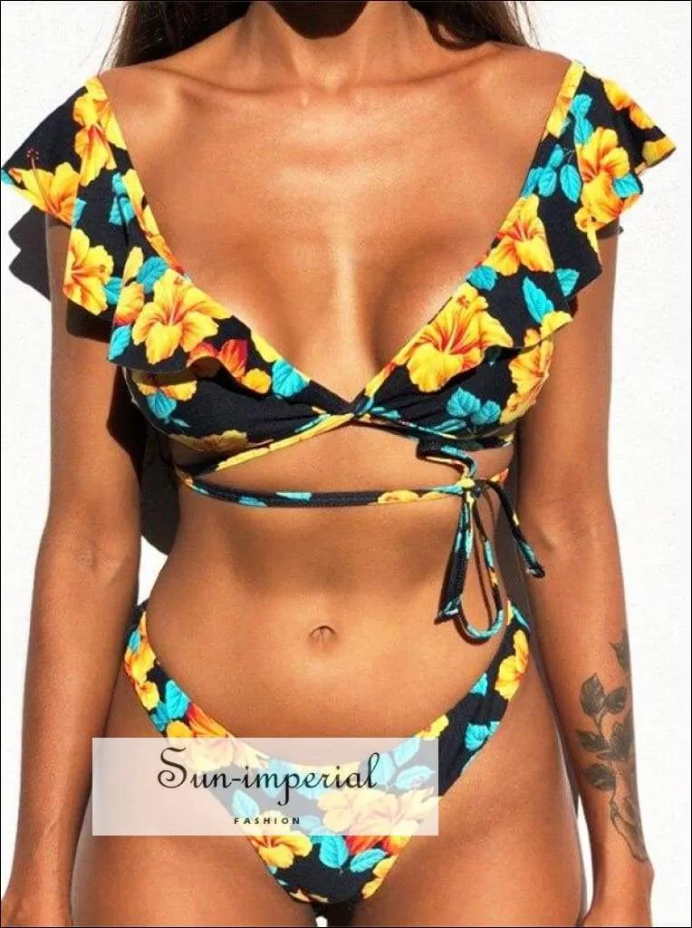 Black with White  Stars Print Vintage Boho Bikini Set With Ruffle Detail